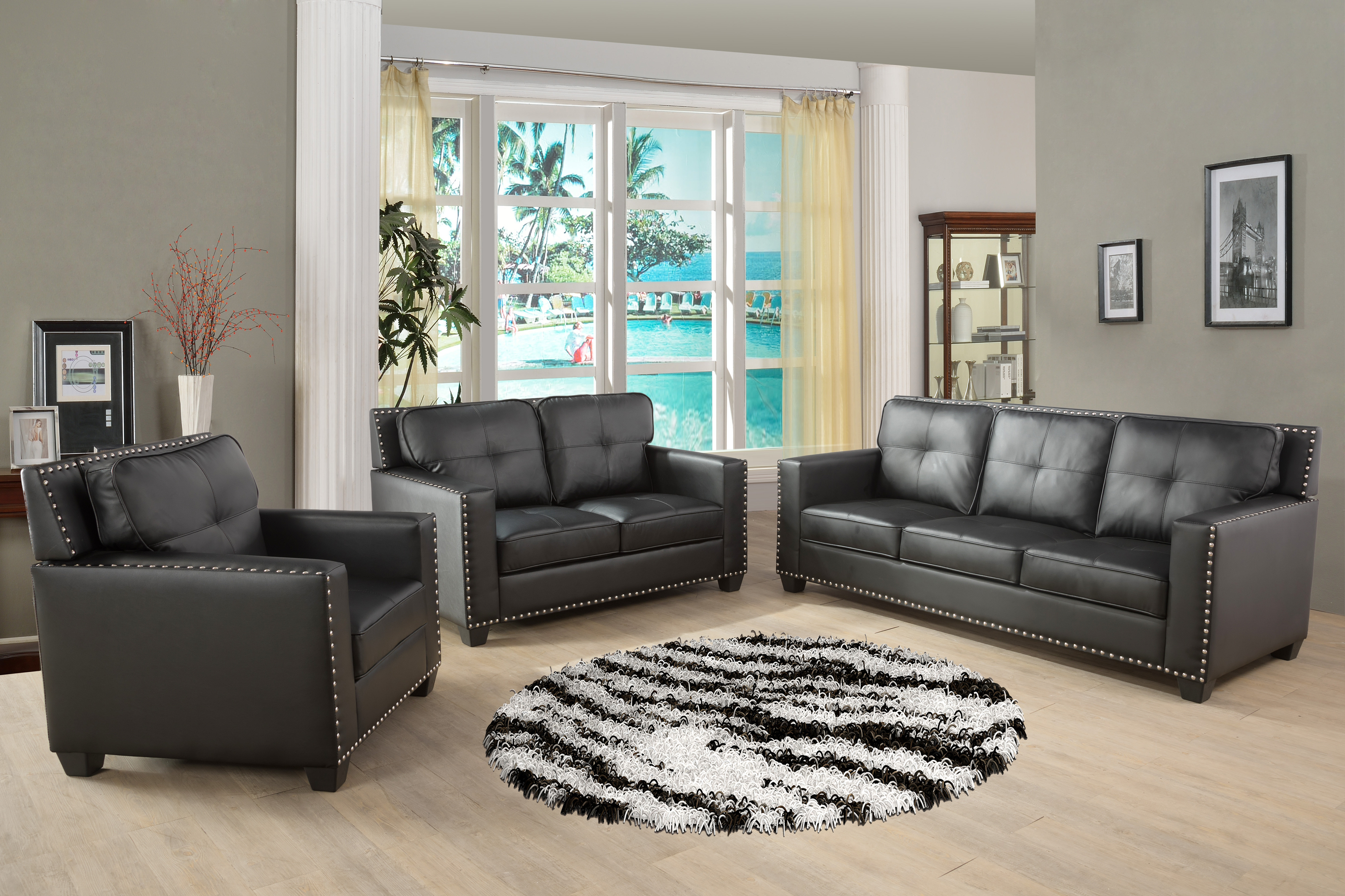 Red Barrel Studio® 3 PCS Faux Leather Sofa Couch Set, Black Living